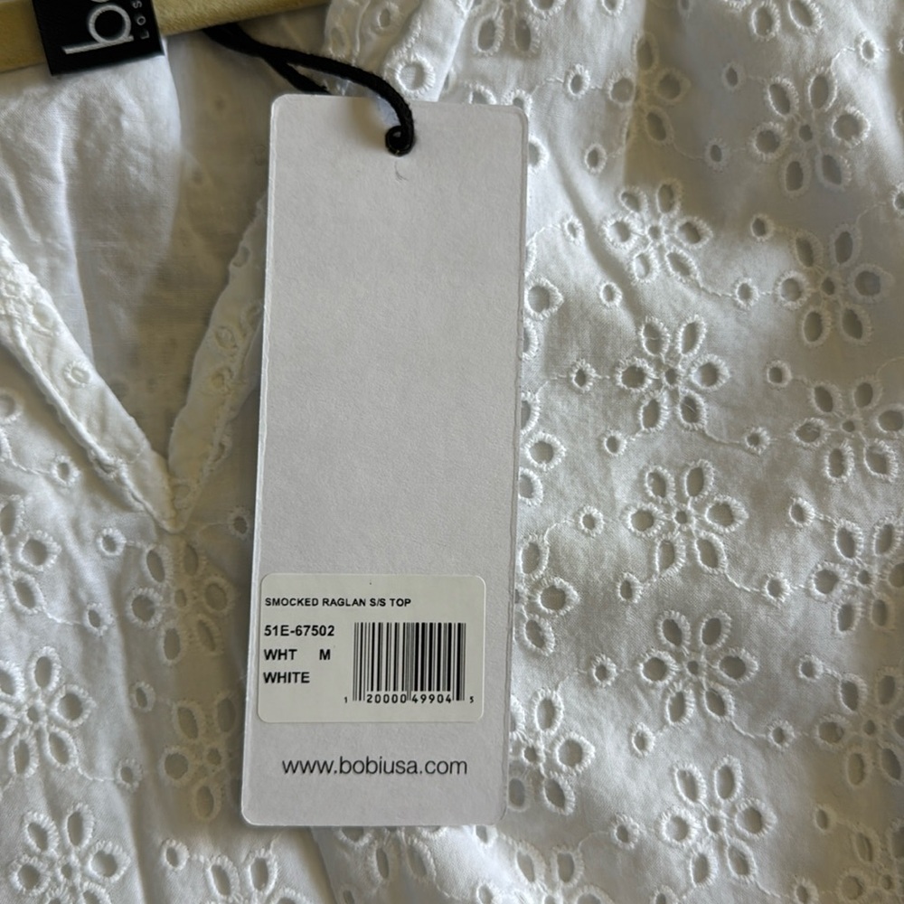 Revolve Bobi Smocked Raglan Short Sleeve Top Eyelet White - Picture 4 of 7
